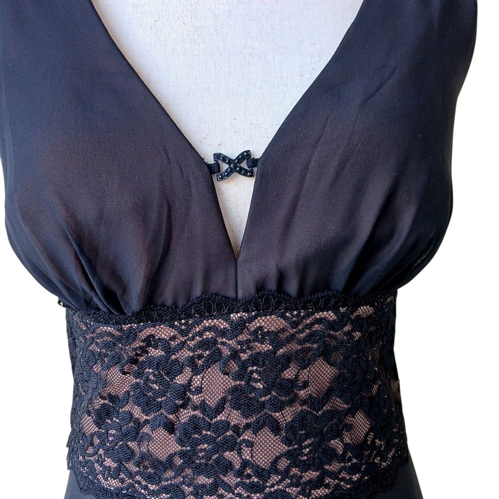 Y2K Dark Croquette Midi Cocktail Dress Lace Sheer Chiffon Black Size 12 - Picture 3 of 11